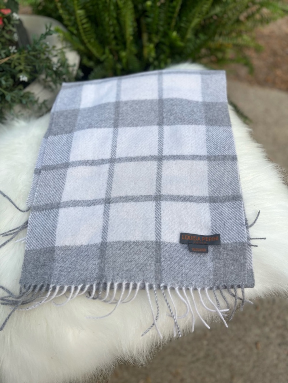 Louisa Perini Luxury 100% Soft Cashmere Scarf, Classic Grey & Cream, EUC
